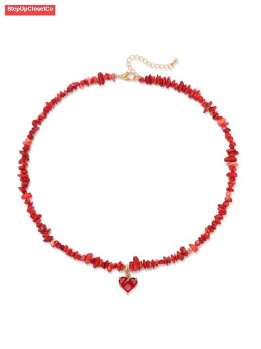 Healing Crystal Beaded Necklace Stone Chips Heart Pendant Choker for Women Red